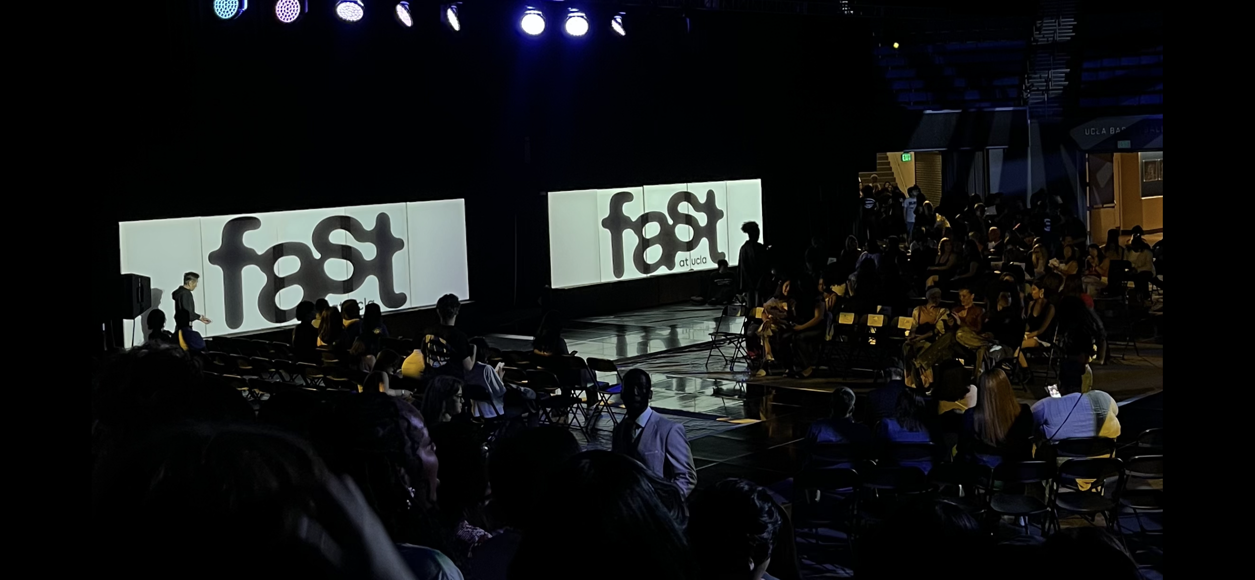 A crocheted UCLA logo